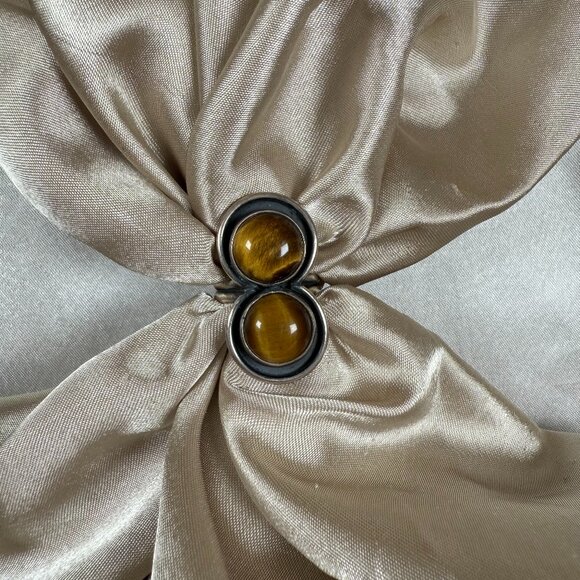 Sterling Silver Ring Tiger’s Eye Double Gemstone Bold Statement Jewelry Size 6.5 - Picture 1 of 4